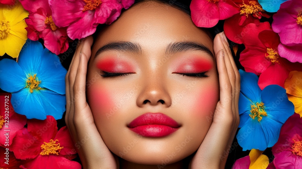 Blooming Beauty: A captivating portrait of a young woman with flawless skin and vibrant makeup, surrounded by a breathtaking cascade of colorful flowers. Her eyes are closed. Blooming Beauty: A captivating portrait of a young woman with flawless skin and vibrant makeup, surrounded by a breathtaking cascade of colorful flowers. Her eyes are closed.