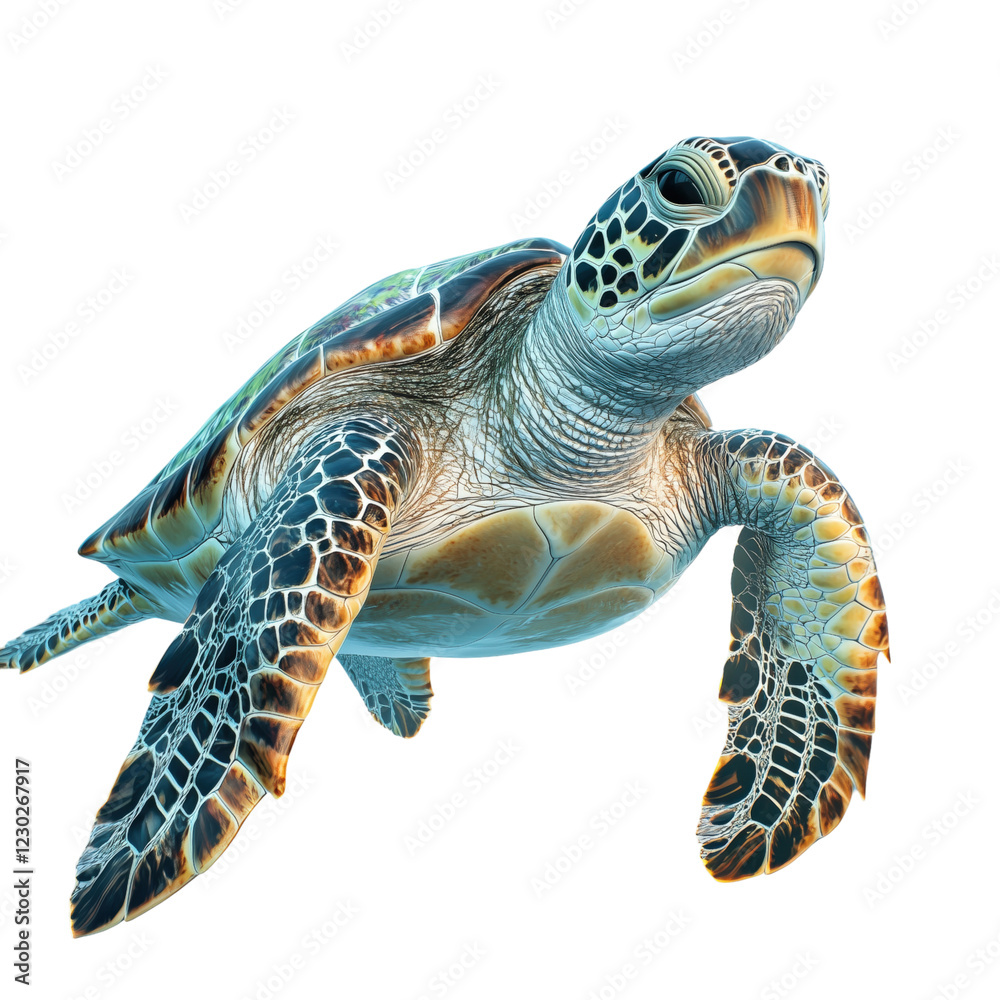 Obraz premium A highly detailed sea turtle with orange-brown hues swimming gracefully, isolated on a white background. Perfect for marine and wildlife-themed designs.