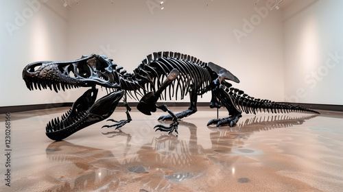 Black Metal Theropod Skeleton in Gallery Setting photo