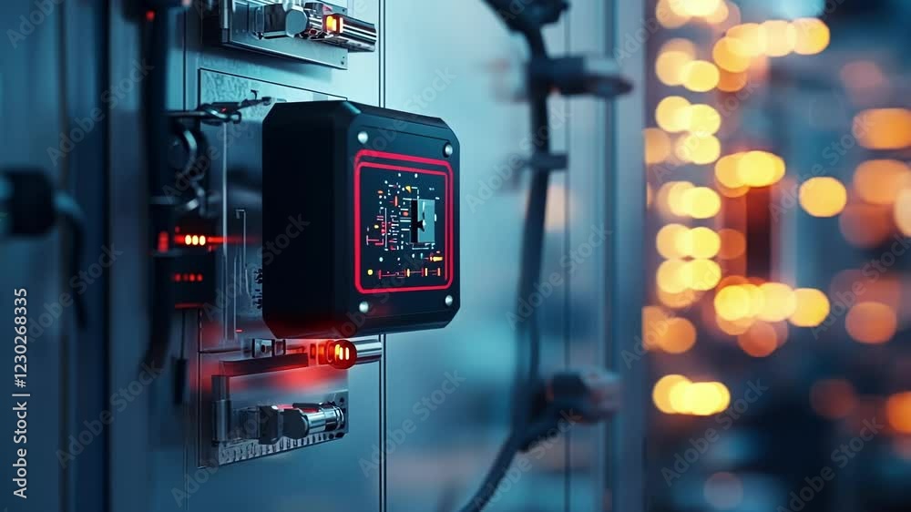 A closeup view of a small cell installation on a factory wall revealing the compact design and mounting mechanisms merged seamlessly with industrial elements.