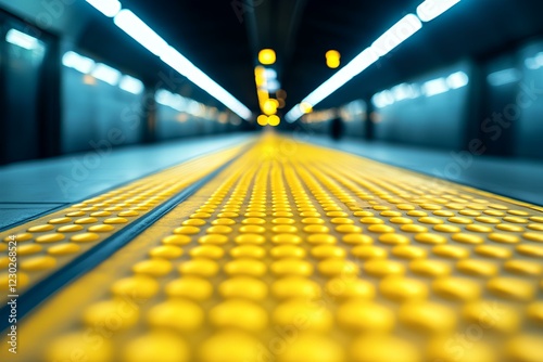 Yellow Tactile Paving on a Subway Station Platform, Blurred Background, Urban Transport  photo