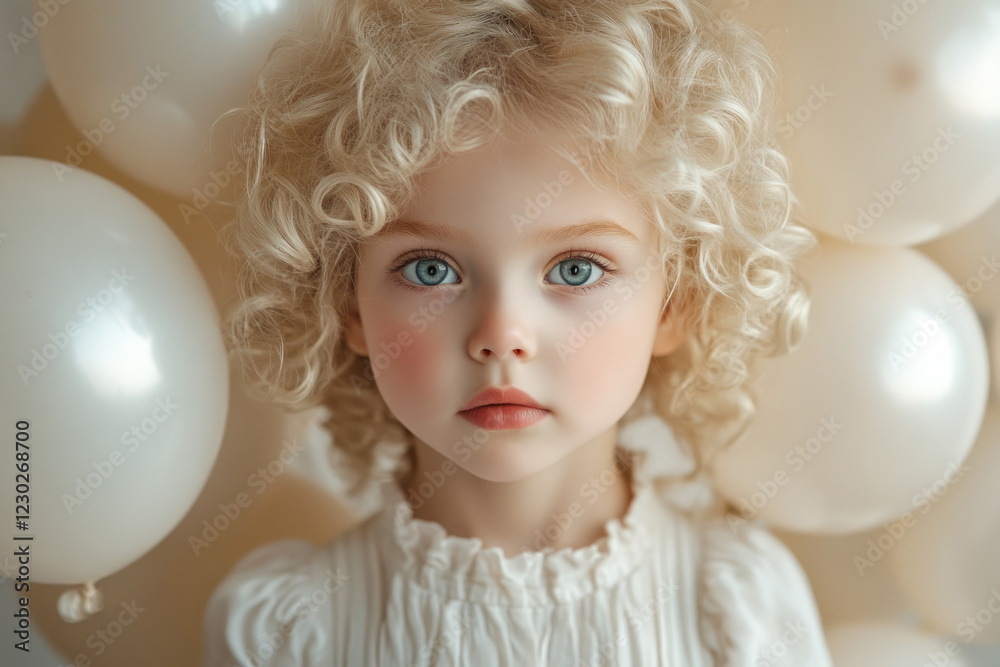 Charming little girl with curly blonde hair and captivating blue eyes posing amidst white balloons, creating a dreamy and innocent atmosphere Charming little girl with curly blonde hair and captivating blue eyes posing amidst white balloons, creating a dreamy and innocent atmosphere