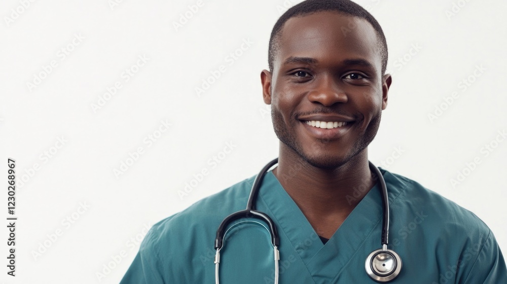 Smiling african american black man, graduate student medical therapist or pediatrician, standing in a medical gown with a stethoscope on her shoulders on a white isolated background . High quality