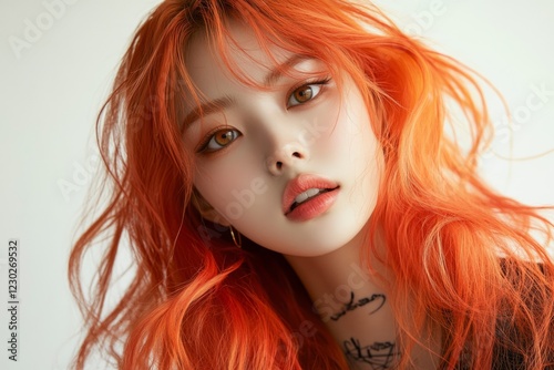 Close-up of a young woman with striking orange hair and tattoos, showcasing a trendy k-pop inspired look