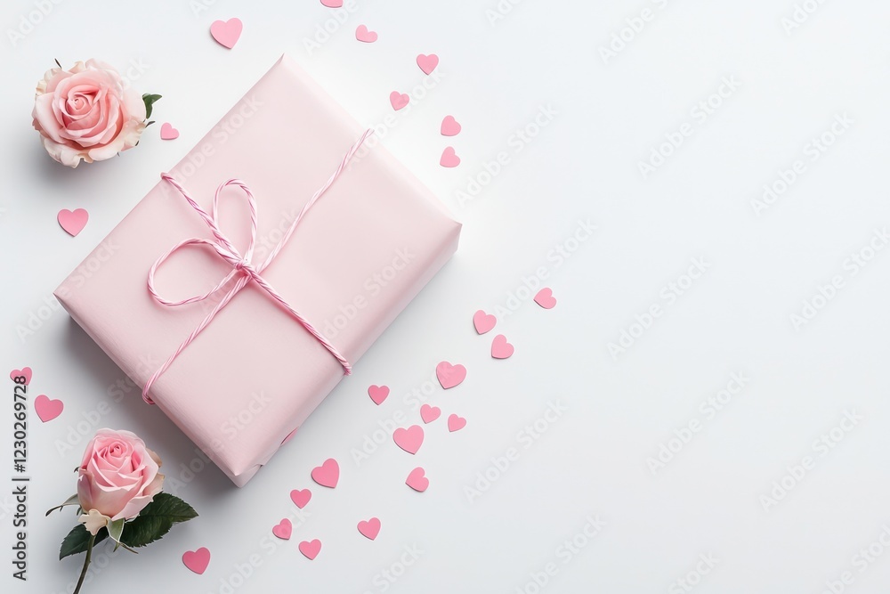A simple pink gift wrapped in minimalist paper, small rose, and scattered heart-shaped confetti, all on a soft white background. A simple pink gift wrapped in minimalist paper, small rose, and scattered heart-shaped confetti, all on a soft white background.