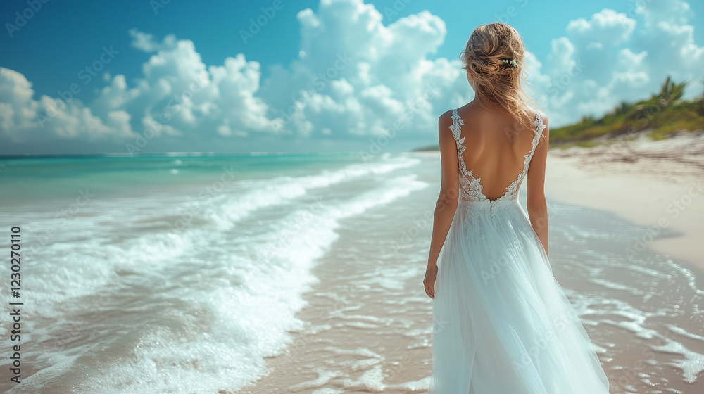 Bride walking along a serene beach with blue skies and dramatic clouds in the background during a sunny day Bride walking along a serene beach with blue skies and dramatic clouds in the background during a sunny day