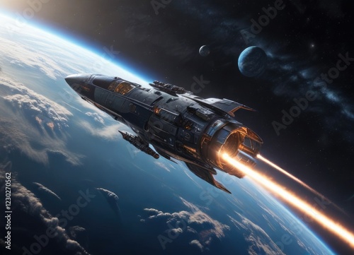 Spaceship passing by the Earth's atmosphere at high speed, space travel, trajectory