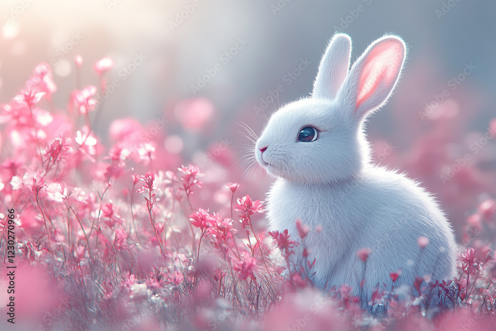 Fototapeta premium White Bunny Amidst Pink Blossoms In Springtime