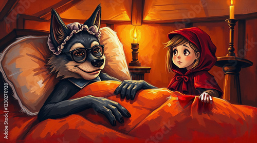  Little Red Riding Hood in Grandma's House Near the Bed Where the Wolf Lies