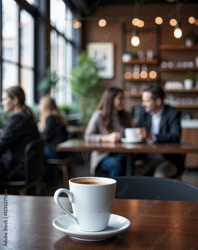 A white coffee cup sits on a saucer on a wooden table. The table is surrounded by chairs and a potted plant. The scene is set in a cafe where people are sitting and talking A white coffee cup sits on a saucer on a wooden table. The table is surrounded by chairs and a potted plant. The scene is set in a cafe where people are sitting and talking