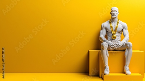 Athletic Figure with Gold Medal Against Vibrant Yellow Background