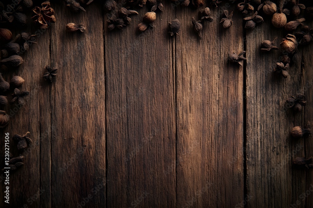 Close-up image of cloves with prominent dark brown texture details, surrounded by a rustic wooden background, creating a warm and natural atmosphere Close-up image of cloves with prominent dark brown texture details, surrounded by a rustic wooden background, creating a warm and natural atmosphere