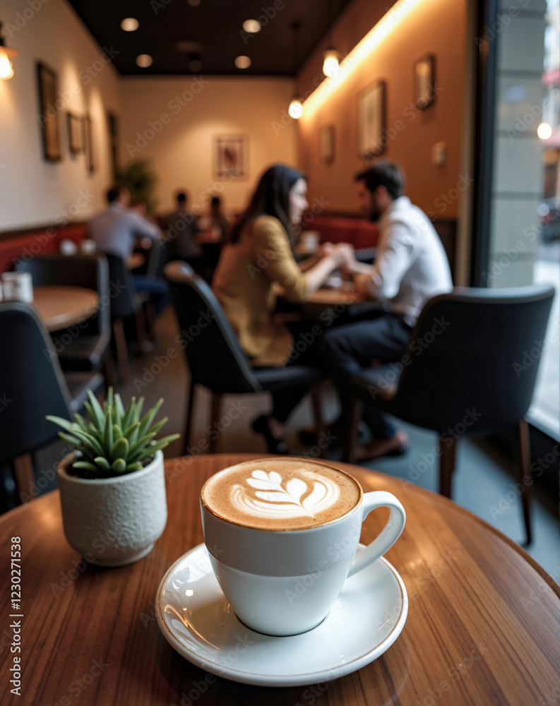 A white coffee cup with a leaf design sits on a wooden table. The cup is filled with coffee and is placed on a saucer. The scene takes place in a cafe, with several people sitting at tables A white coffee cup with a leaf design sits on a wooden table. The cup is filled with coffee and is placed on a saucer. The scene takes place in a cafe, with several people sitting at tables