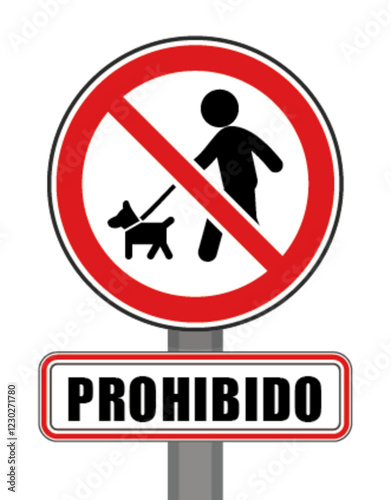 Señal de prohibido círculo rojo perro con correa