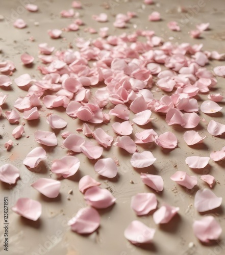 Pale pink rose petals scattered across a neutral-toned abstract background, abstract background, soft focus, natural elements