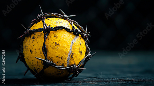 Weathered Tennis Ball Encased in Barbed Wire