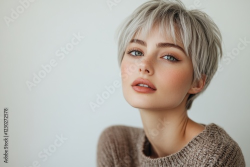 Model with trendy silver pixie haircut and light brown sweater posing in front of a minimal white background