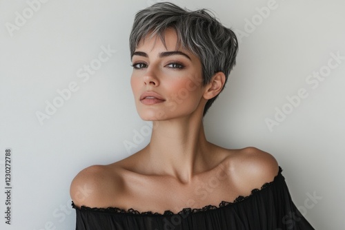Studio portrait of a confident fashion model showcasing her trendy grey pixie cut and elegant off-the-shoulder top