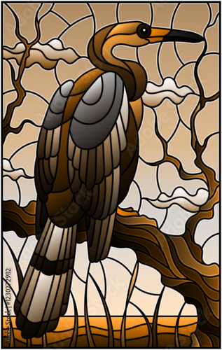 Illustration in stained glass style with a Heron bird sitting on a tree on a background of swamp and sky, tone brown