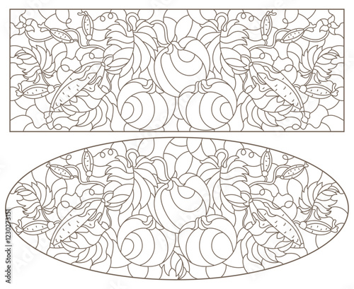 A set of contour illustrations of stained glass Windows with ripe tomatoes and cucumbers, dark contours on a white background