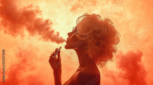 Woman exhaling vapor in vibrant orange cloud against a colorful backdrop during a smoke session