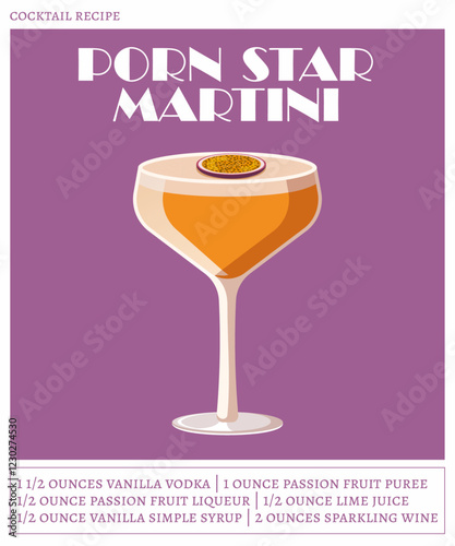 Porn star martini cocktail on the purple background. Vector illustration of modern alcoholic drink. Cocktail recipe poster
