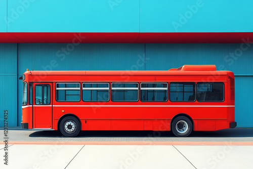 Red bus parked against a teal and red wall