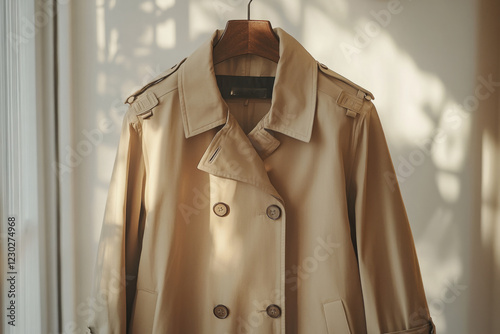 Beige trench coat with epaulettes and buttoned cuffs hanging on wooden hanger in sunlight photo