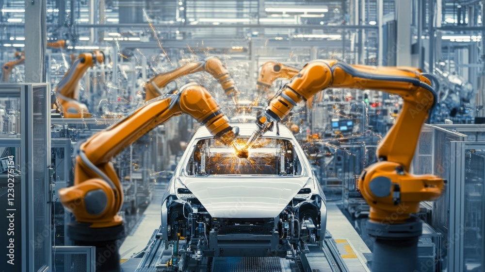 A high-tech car factory utilizing Industry 4.0 digitalization, where automated robotic arms assemble energy-efficient electric vehicles with AI-driven precision A high-tech car factory utilizing Industry 4.0 digitalization, where automated robotic arms assemble energy-efficient electric vehicles with AI-driven precision