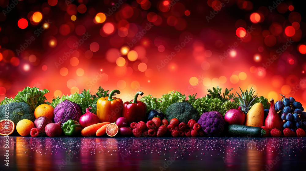 Fresh fruits and vegetables arranged beautifully on vibrant red background, creating colorful and appetizing display Fresh fruits and vegetables arranged beautifully on vibrant red background, creating colorful and appetizing display