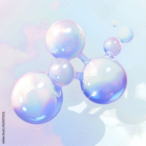 Abstract illustration of floating water molecules with a transparent, pearl-like texture. The composition features a light blue background with soft reflections, enhancing the glossy