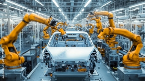 A high-tech car factory utilizing Industry 4.0 digitalization, where automated robotic arms assemble energy-efficient electric vehicles with AI-driven precision