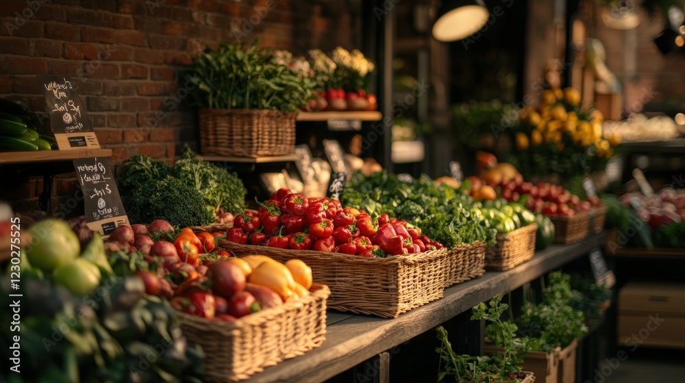 Fresh Vibrant Produce Display in Rustic Market Baskets, Filled with Colorful Fruits and Vegetables Under Soft Natural Light Fresh Vibrant Produce Display in Rustic Market Baskets, Filled with Colorful Fruits and Vegetables Under Soft Natural Light