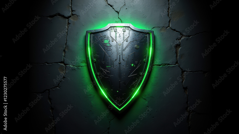 Fototapeta premium Internet security shield with glowing lines on a cracked wall background.