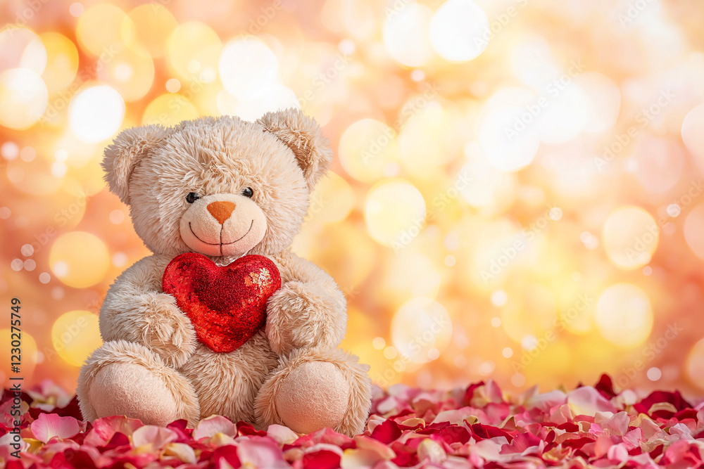 Fototapeta premium beautiful A cute plush white teddy bear holding a red heart, sitting on a bed of rose petals with a glowing, softly blurred bokeh lights background. copy space