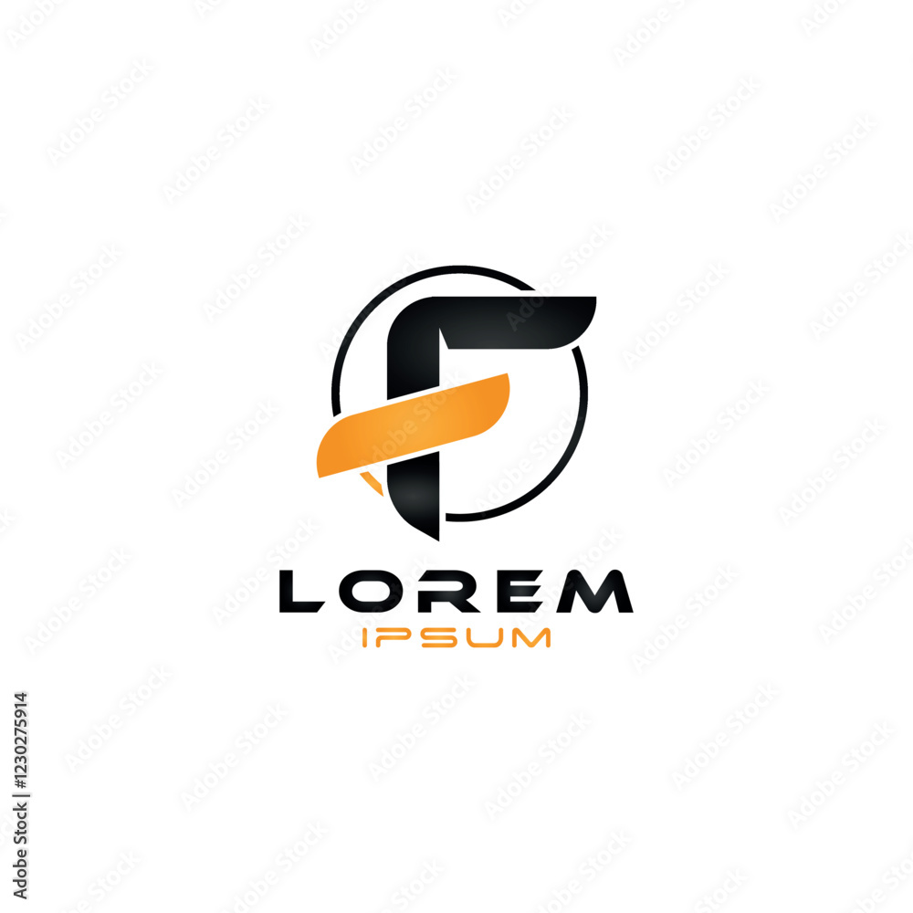 Modern letter F logo with circular frame and dynamic swoosh Modern letter F logo with circular frame and dynamic swoosh