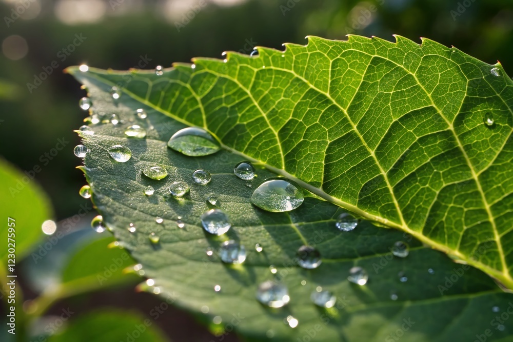 Macro Photography: Dew Drops on a Vibrant Green Leaf - Nature Stock Photo Macro Photography: Dew Drops on a Vibrant Green Leaf - Nature Stock Photo