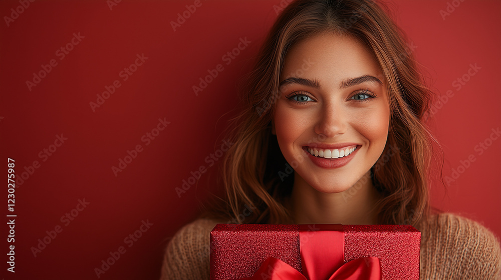 Young woman smiles while holding a red gift box with a bow against a vibrant red background during the holiday season Young woman smiles while holding a red gift box with a bow against a vibrant red background during the holiday season