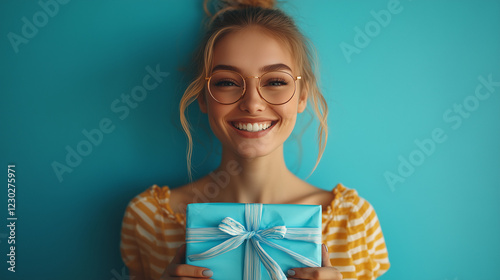 Joyful young woman with a gift smiling against a vibrant blue background