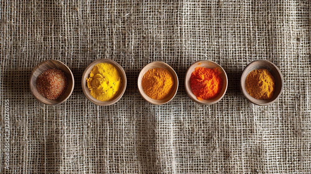 Capture a macro shot of colorful spices like turmeric, paprika, and cumin, poured into wooden bowls on a textured burlap background. Capture a macro shot of colorful spices like turmeric, paprika, and cumin, poured into wooden bowls on a textured burlap background.