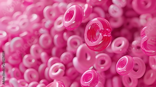 Floating pink glossy circles and geometric shapes on a soft pink background. The 3D-rendered objects have a glass-like, cartoonish appearance, creating a dreamy and futuristic atmosphere.