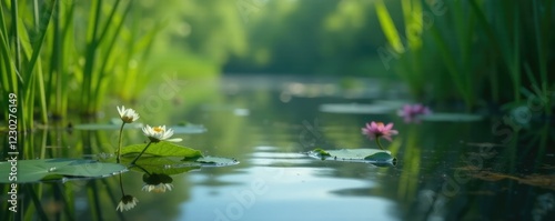 A single flower rests on the surface of a peaceful lake among tall reeds and aquatic plants, lake, serenity, flower photo