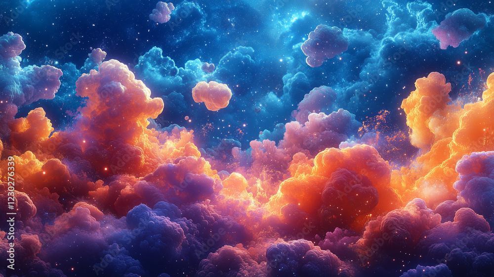 Vibrant clouds illuminate the night sky with hues of orange, pink, and blue in a spectacular cosmic display Vibrant clouds illuminate the night sky with hues of orange, pink, and blue in a spectacular cosmic display