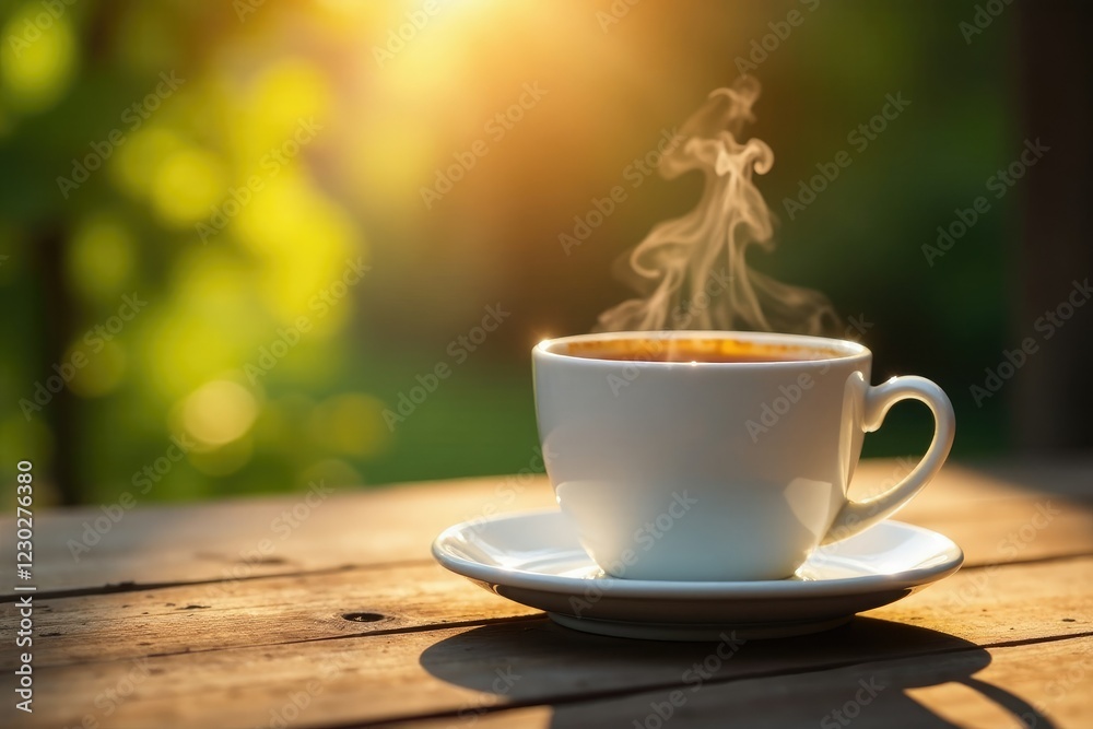 Obraz premium Coffee cup with rising steam and morning haze on wooden surface, gentle, soothing