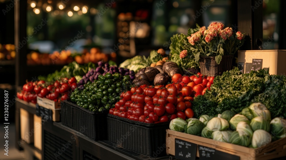 Fresh Produce Display with Colorful Vegetables and Flowers at a Vibrant Market Stall During Golden Hour Fresh Produce Display with Colorful Vegetables and Flowers at a Vibrant Market Stall During Golden Hour
