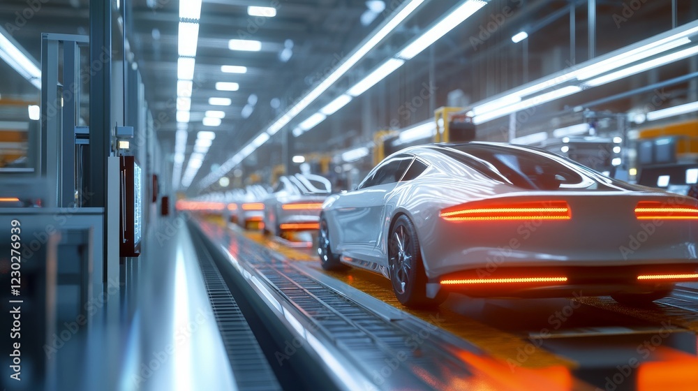 Fototapeta premium A modern automotive assembly plant dedicated to manufacturing cars on a streamlined production line, representing industrial efficiency and technological advancement