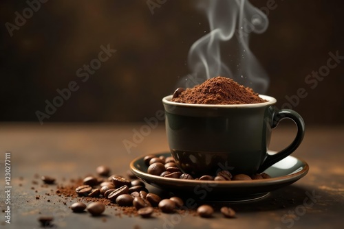 Rich aromas waft from a coffee cup filled with dark brown beans, beans, coffee,