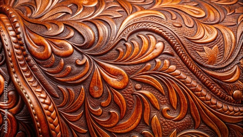 Richly colored saddle leather with prominent tooling and textured surface, weathered appearance, decorative stitching, traditional craftsmanship