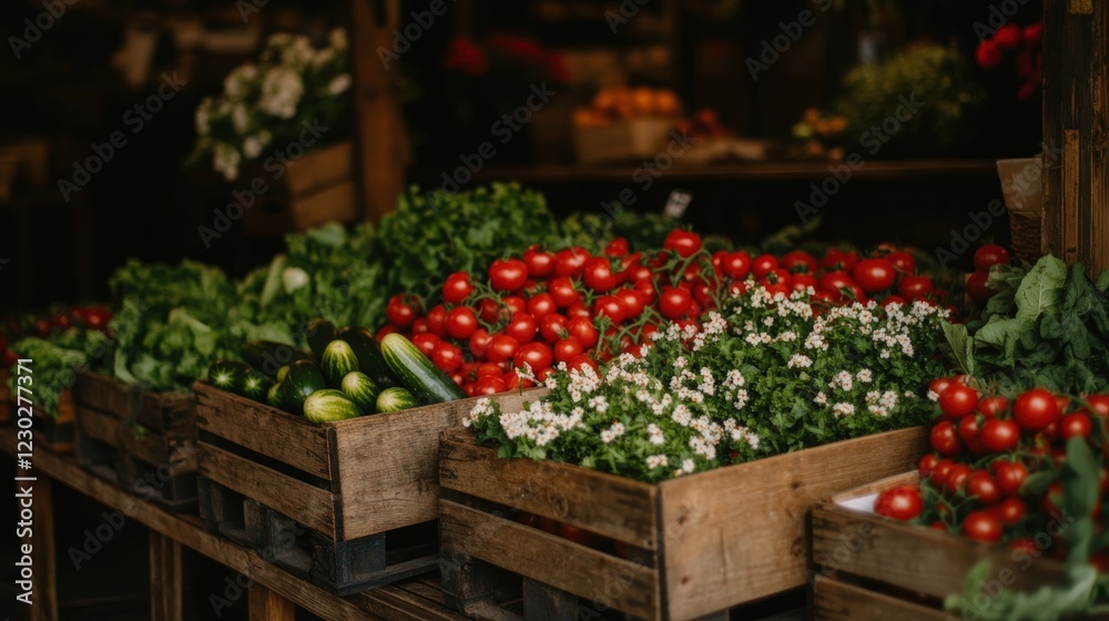 Fototapeta premium Fresh Organic Vegetables and Herbs Displayed in Wooden Crates at a Local Market Stall