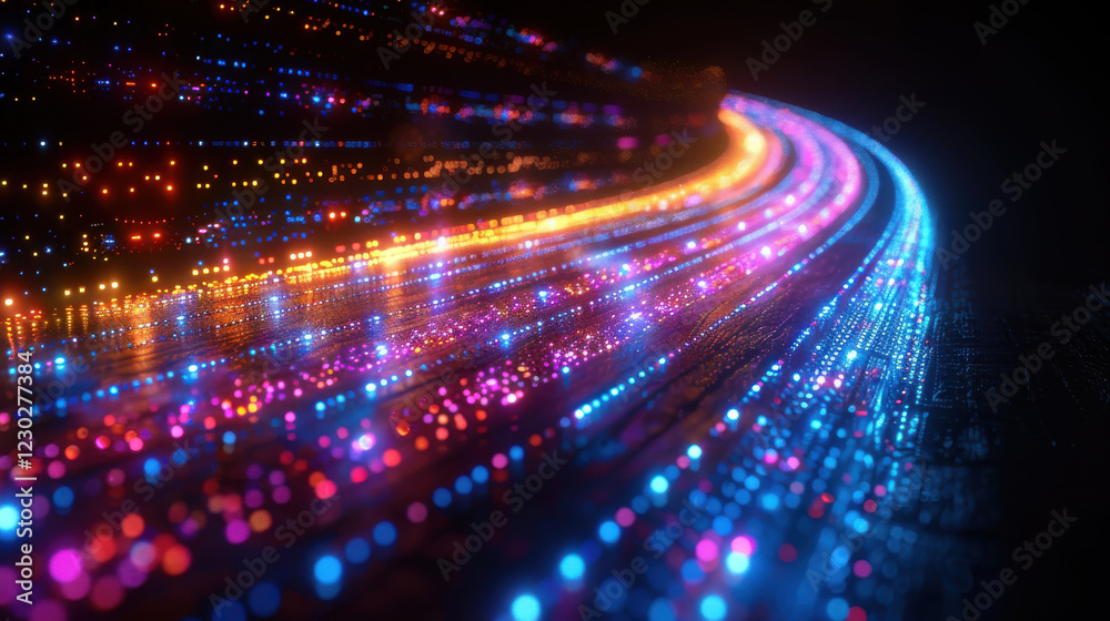 Obraz premium Vibrant abstract background with colorful light trails and glowing dots, creating futuristic atmosphere